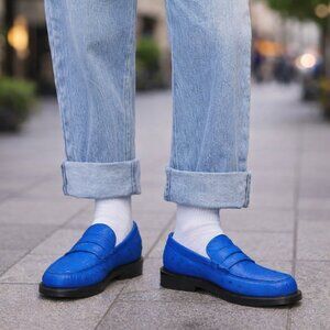 Sebago USA Women's SZ 9.5 Docksides Ostrich Leather Penny Loafer Royal Blue RARE